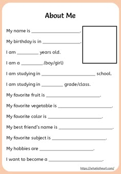 a printable worksheet with the words about me