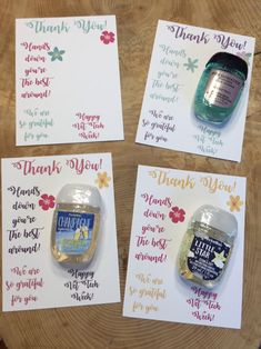 three thank you cards and one bottle of liquid