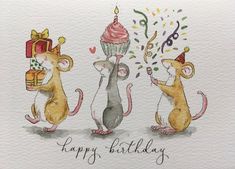 three mice are celebrating their birthday with cake and confetti