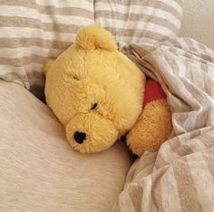 a teddy bear is laying in bed with his head tucked under the covers and covering himself