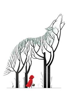 a red bird sitting on top of a tree filled forest