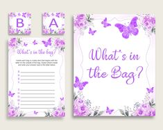 a baby shower card with purple flowers and butterflies on the front, and an envelope that says guess the baby to cook