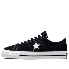 Known for decades as part of the Converse family, the One Star Low 'Black White' sneaker provides a classic style with modern performance features. Originally releasing in 1974, this timeless design is now proudly reincarnated with improved comfort, versatility, and durability. Its low profile and rubber-backed suede upper give maximum flexibility without compromising protection or sturdiness. While looking stylish on city streets, this sneaker also delivers remarkable boardfeel and impact suppo Converse One Star Black, White Shoes Sneakers, Black And White Sneakers, Converse One Star, Black Converse, Star Shoes, Star Sneakers, Round Toe Heels, One Star