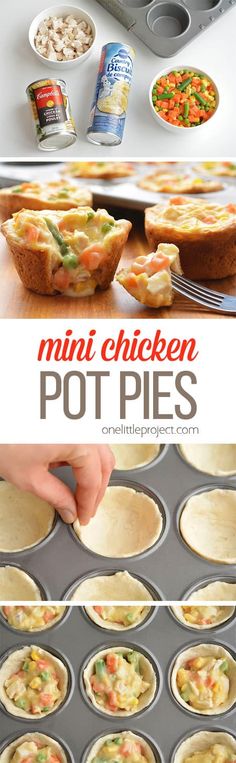 mini chicken pot pies in muffin tins on a counter with ingredients and text overlay