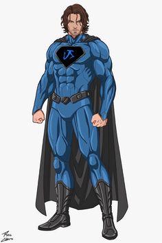 a man in a blue superman costume standing with his hands on his hips