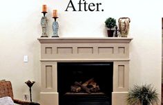 a living room with a fire place next to a book shelf and two vases on top of the fireplace