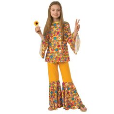 Peace Out In This 70's Throw Back. Channel Your Inner Hippie Spirit In This Brightly Colored Tunic And Flared Bottom Pants. Add Your Own Great Wig And Some Cool Shades To Reflect Your Personal Style. This Girl's Hippie Costume Is Perfect For Dress Up And Pretend Play Country Of Origin - Textiles Imported Age Group Child Gender Female Theme Decades Clothing Size M Size 7/8 Color Yellow Directions Fabric Care Instructions Do Not Dry Clean Hand Wash - Cold Water Do Not Iron Do Not Bleach 1960s Costume, 60s Costume, Peace Symbols, Flower Power Hippie, 60s Hippie, Festival 2024, Hippie Costume, Hippie Girl, Up Costumes