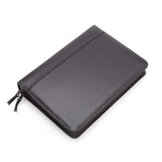 a black leather case for a laptop computer on a white background with clippings