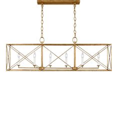 a light fixture hanging from the ceiling with two lights on each side and an iron frame