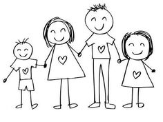 the family is holding hands and standing together with hearts on their chest, hand drawn in black ink