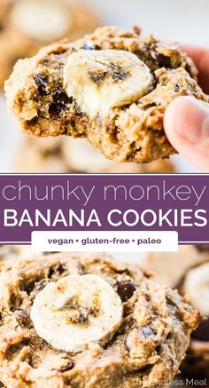 a person holding up a banana cookie in front of the camera and text overlay reads chunky monkey banana cookies