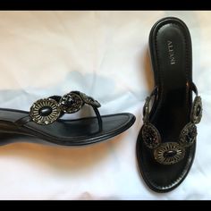 Alfani Black Dress Sandals - New Without Tags Perfect Condition Leather Upper, Bead Encrusted 2 Inch Heel Black Beaded Sandals For Spring, Spring Black Beaded Sandals, Elegant Beaded Round Toe Sandals, Elegant Beaded Synthetic Sandals, Casual Black Beaded Sandals, Black Embellished Sandals For Spring, Black Dress Sandals, 2 Inch Heels, Dress Sandals