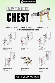 the resistance band chest workout is shown with instructions to use it for strength and flexibility