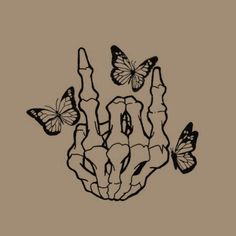 a hand with butterflies flying around it on a brown background, which is drawn in black and white