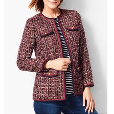 Talbots Gold Button Tweed Jacket, Red Black, Size 14 New With Tag Modern Sophistication. Sharp Tailoring, A Flattering Long Length And A Standout Braided Tweed Fabric Come Together To Create This Incredible Jacket. Stylish Contrast Trim Offers The Perfect Finishing Touch. Long Sleeves Hook-And-Eye Front Closure Multicolored Double-Layer Braided Trim Along Jewel Neckline, Center Front, Bottom Hem And Sleeve And Pocket Openings Button-Through Flap Pockets With Gold Crest Dome Shank Buttons Princes Red Tweed Jacket For Work In Winter, Red Tweed Winter Workwear Jacket, Red Tweed Jacket For Fall Workwear, Red Tweed Jacket For Work, Fall Season, Red Single Breasted Tweed Jacket For Fall, Red Single-breasted Tweed Jacket For Fall, Red Long Sleeve Tweed Jacket, Red Tweed Outerwear With Long Sleeves, Red Tweed Long Sleeve Outerwear