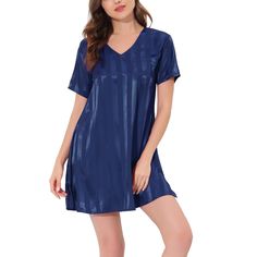 Great for loungewear, nightwear, sleepwear, home bedroom, and daily wear. This loungewear pajama dress for women is constructed of soft fabric, which is comfy, breathable, and skin friendly and makes the pajamas convenient to take on/off, keeping you pretty and comfortable all day. Featuring the striped print, v-neck, short sleeves, and mini length, it makes you feel cozy all night, and enjoy a comfortable sleep and sweet dream. No matter the cozy bedtime, casual home relaxation, laze afternoon, or comfy bath, the lightweight women's nightdress can accompany you all the time. This mini-length ladies' night dress is perfect for slumber parties, pajama nights, or daily wear or as a holiday gift for Mother's Day, Thanksgiving, Christmas, or a birthday. Sleep Dress Nightgowns, Striped Pajama, Pajama Dress, Night Dress For Women, Striped Pyjamas, Casual Home, Sleep Dress, Hem Style, Sleepwear Women