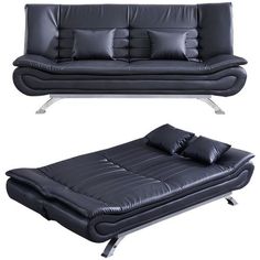 a black leather futon sofa with pillows on top and bottom, next to an image of the futon