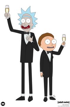 two cartoon characters dressed in black suits and holding wine glasses