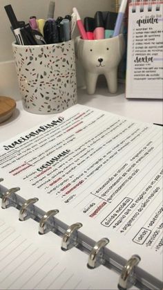 an open planner sitting on top of a desk next to a cup with pens and pencils