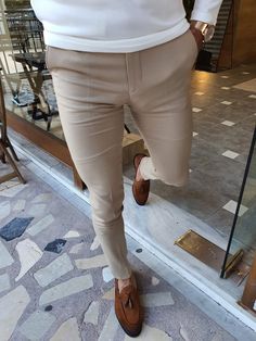 Stefano Beige Slim Fit Pants – brabion Smart Casual Wear, Solid Color Jumpsuits, Engagement Outfit, Yes But, Stretch Dress Pants, Beige Pants, Prom Suits, Fashion Suits For Men, Mens Fashion Casual Outfits