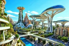 an artist's rendering of futuristic city with trees and buildings in the foreground