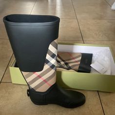 They're Made From Black Rubber With Plaid Panels. Upper: Fabric Toe Shape: Round Toe Sole: Fabric Insole, Rubber Sole Burberry Shoes, Rain Boot, Black Rubber, Rain Boots, Black Blue, Rubber Sole, Blue Black, Burberry, Plaid