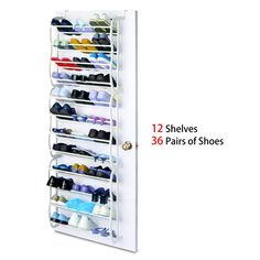 over the door shoe rack with 12 pairs of shoes hanging on each side and two shelves below