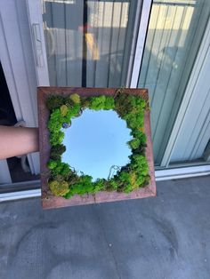 a hand holding up a small mirror with moss growing on it