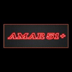 the logo for amar 51 plus, which is red and black with an orange border