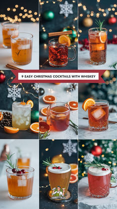 various shots and glasses filled with different types of drinks in front of a christmas tree