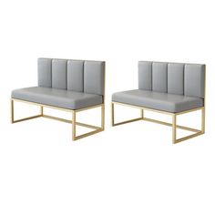 two gray chairs with gold legs and backrests