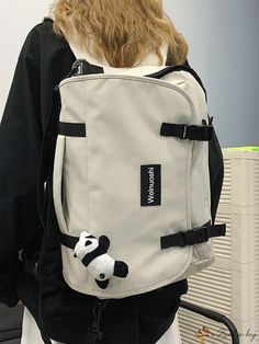 BirdinBag - Versatile and Stylish Backpack with Letter Patch Decoration and Bag Charm Casual Beige Travel Bag For School, White Rectangular Travel Bag With Adjustable Strap, White Large Capacity Crossbody Backpack, White Large Capacity Duffle Bag For School, Large Capacity White Duffle Bag For School, Large Capacity White Backpack, White Shoulder Travel Bag For School, White Casual Duffle Bag With Adjustable Strap, Casual White Duffle Bag With Adjustable Strap