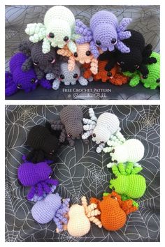 several crocheted stuffed animals sitting on top of a table