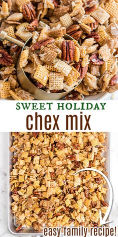 two pictures with the words sweet holiday chex mix on them