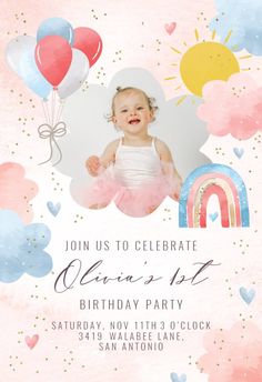 Colorful sky with rainbow - Birthday Invitation #invitations #printable #diy #template #birthday #party Birthday Balloon Template Free Printable, Bday Invitation Cards Template, Bday Invitation Cards For Kids, 1st Bday Invitation Cards, 1st Birthday Card Invitation, Rainbow Invitations Birthday, Birthday Invitation Card With Photo, 1st Birthday Invitation Card Template, Birthday Invitation Card For Kids