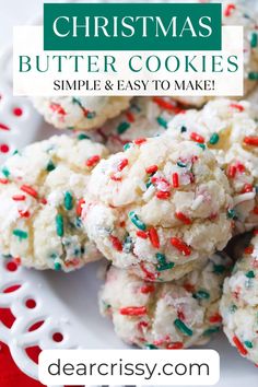 christmas butter cookies with sprinkles are on a white plate and the title reads,