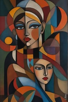 an abstract painting with two women in different colors