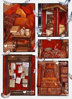 four different pictures of an old fashioned bedroom