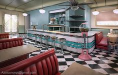 the interior of a diner with checkered flooring and red leather booths, tables, and stools