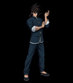 an anime character with black hair and blue pants standing in front of a black background