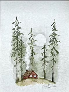 Folklore Watercolor Painting, Mountain Scene Watercolor, Basics Of Watercolor Painting, Easy Watercolor Practice, Watercolor Painting For Boyfriend, Simple Nature Watercolor, Camping Watercolor Painting, Watercolor Inspo Aesthetic, Mini Christmas Watercolor Paintings