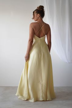 Highlights Stunning, soft touch gown V-Neckline Low back Sizing The model is 5'10 and wears UK size 8 / S / US size 4 Fit & Fabric Made from 100% Polyester Rear zip Double lined Adjustable straps Length from top of bust to hem: 126cm Stretch: 5/10 Perfect for Wedding Guest Formal Events Baby Yellow Bridesmaid Dresses, Butter Yellow Dress, Black Tie Bridesmaids, Wedding Guest Formal, Yellow Gown, White Bridal Dresses, Maxi Dress Wedding Guest, Yellow Maxi Dress, White Bridesmaid Dresses