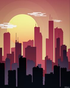 a cityscape with the sun setting in the background and buildings silhouetted against an orange sky