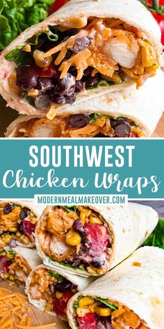 southwest chicken wraps on a cutting board with text overlay