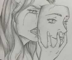 a pencil drawing of two women covering their faces with one hand and the other holding an object