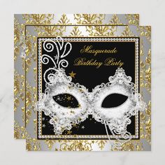 a masquerade birthday party card with two masks