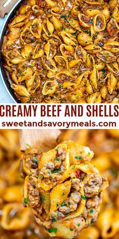 two pictures with different types of food in them and the words creamy beef and shells on top