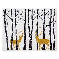 two deer in the woods with gold glitter