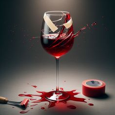 a wine glass with red liquid spilling out of it