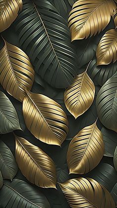 gold and green leaves on black background